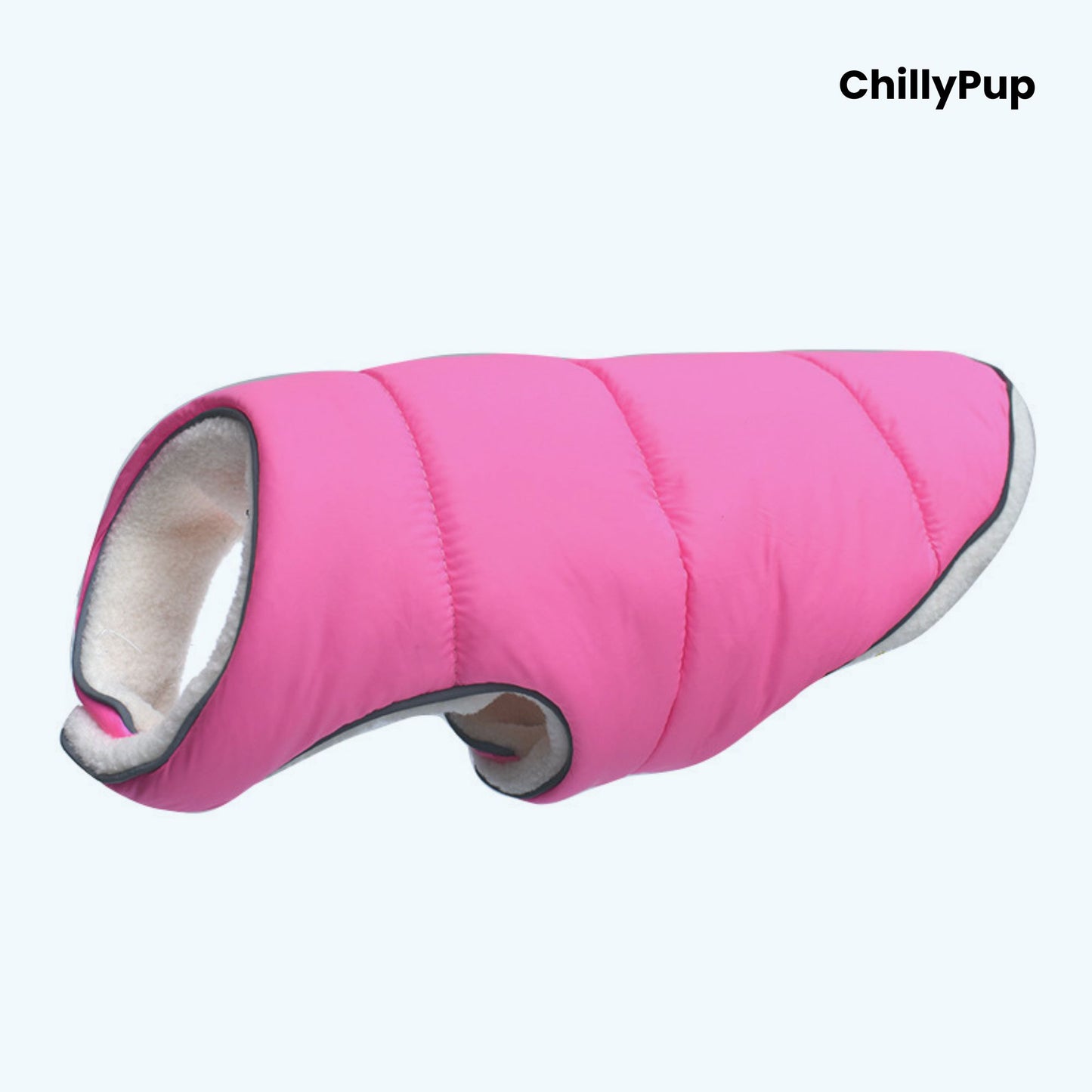 Pink dog coat with grey interior on a white background, branded 'ChillyPup'.