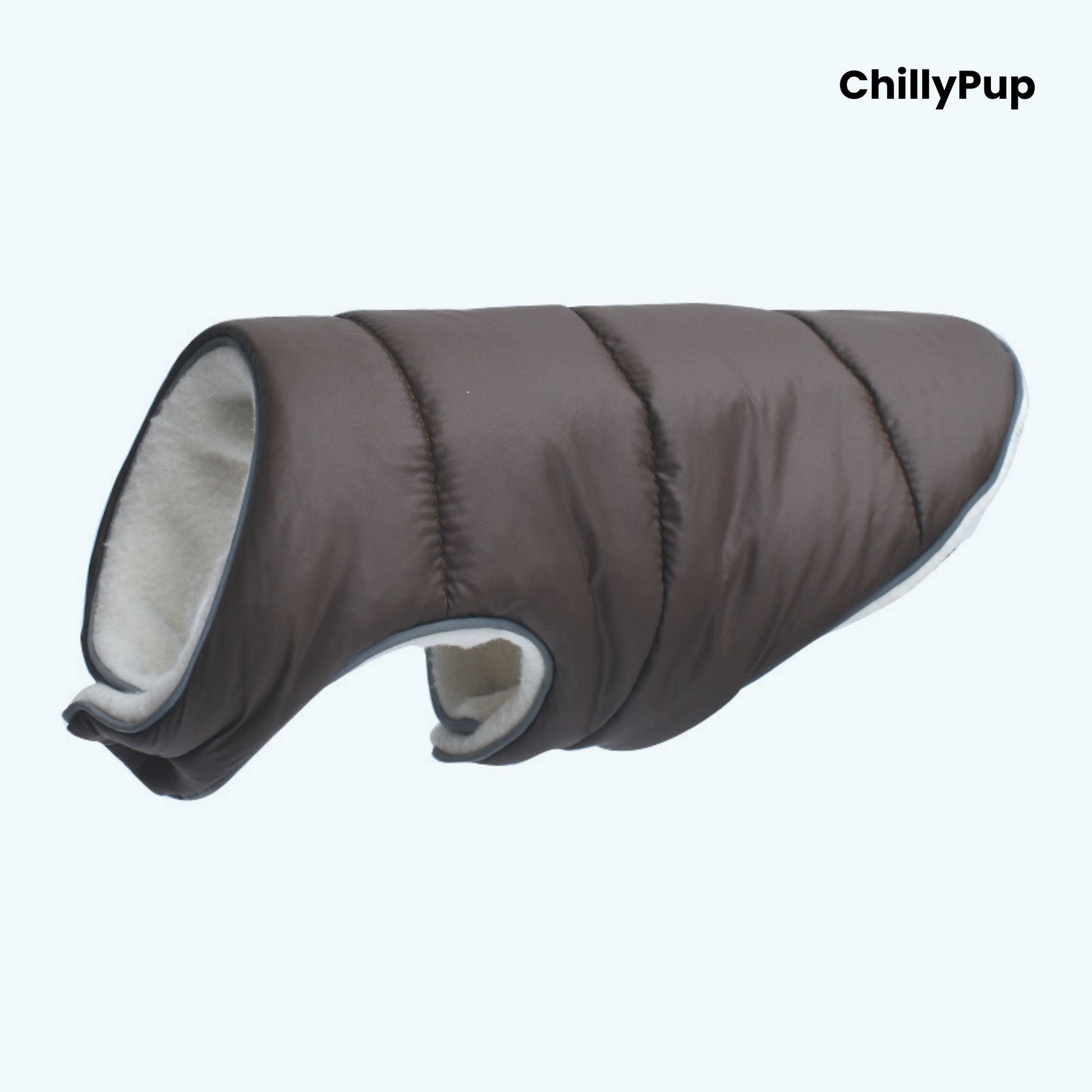 Brown dog coat with grey interior on a white background, branded 'ChillyPup'.