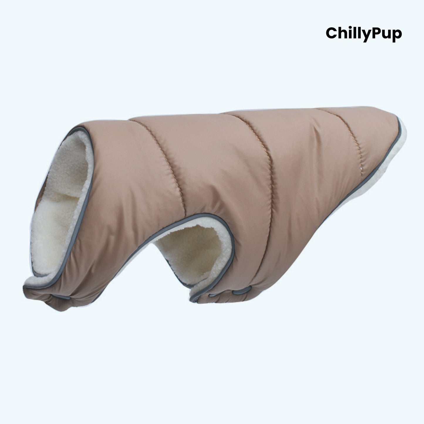 Brown dog coat with grey interior on a white background, branded 'ChillyPup'.