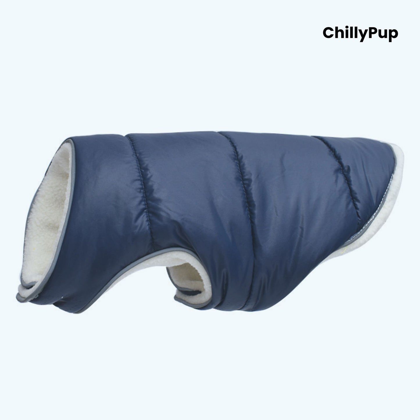 Blue dog coat with gray interior on a white background, branded 'ChillyPup'.