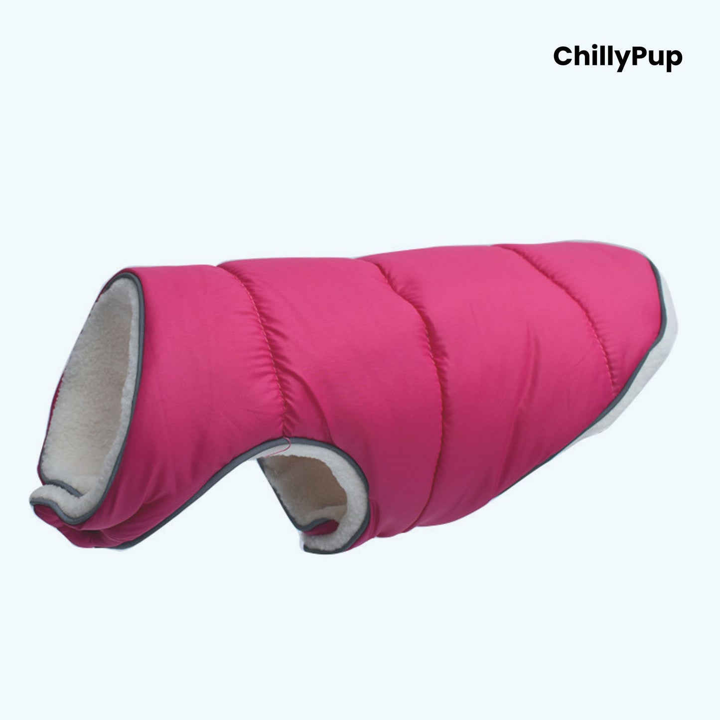 Pink dog coat with grey interior on a white background, branded 'ChillyPup'.