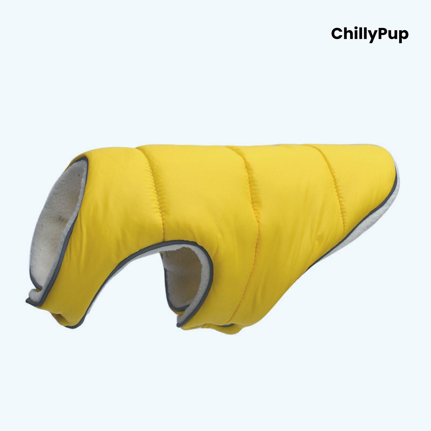 Yellow dog coat with gray lining on a white background, branded 'ChillyPup'.