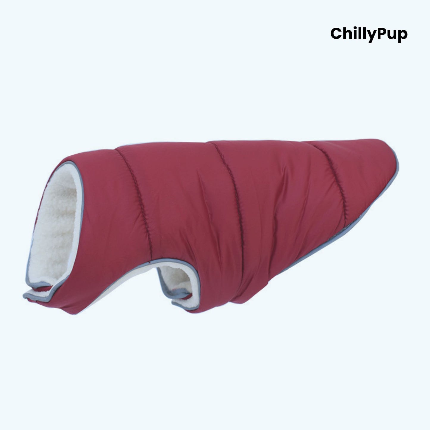 Red dog coat with white interior on a light blue background, branded 'ChillyPup'.