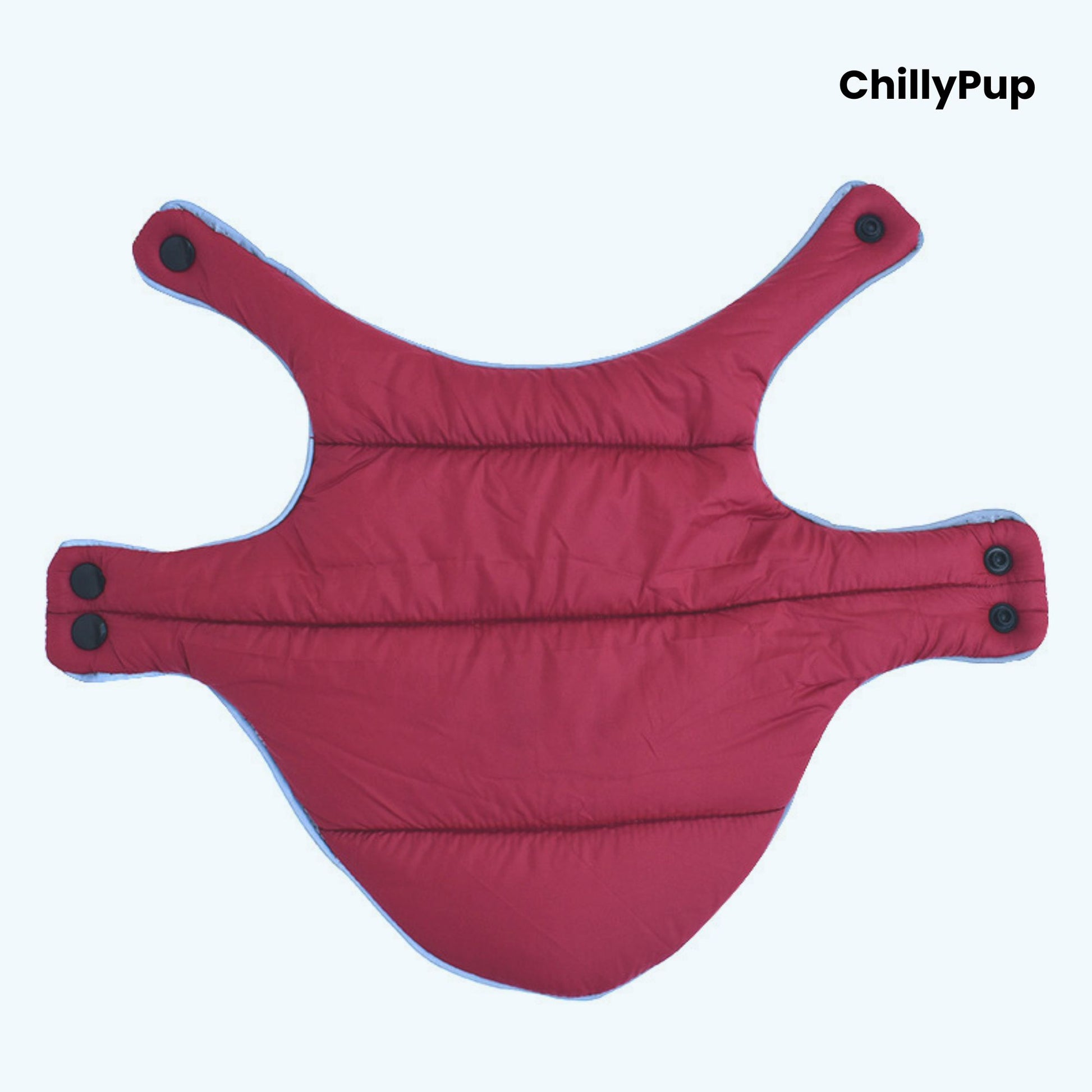 Red dog coat with black buttons on a white background, branded 'ChillyPup'.