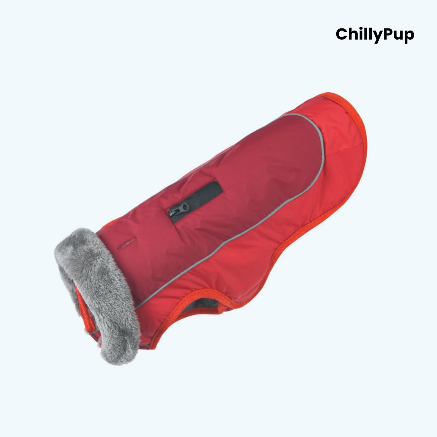 Dog coat with visible 'ChillyPup' branding on a white background