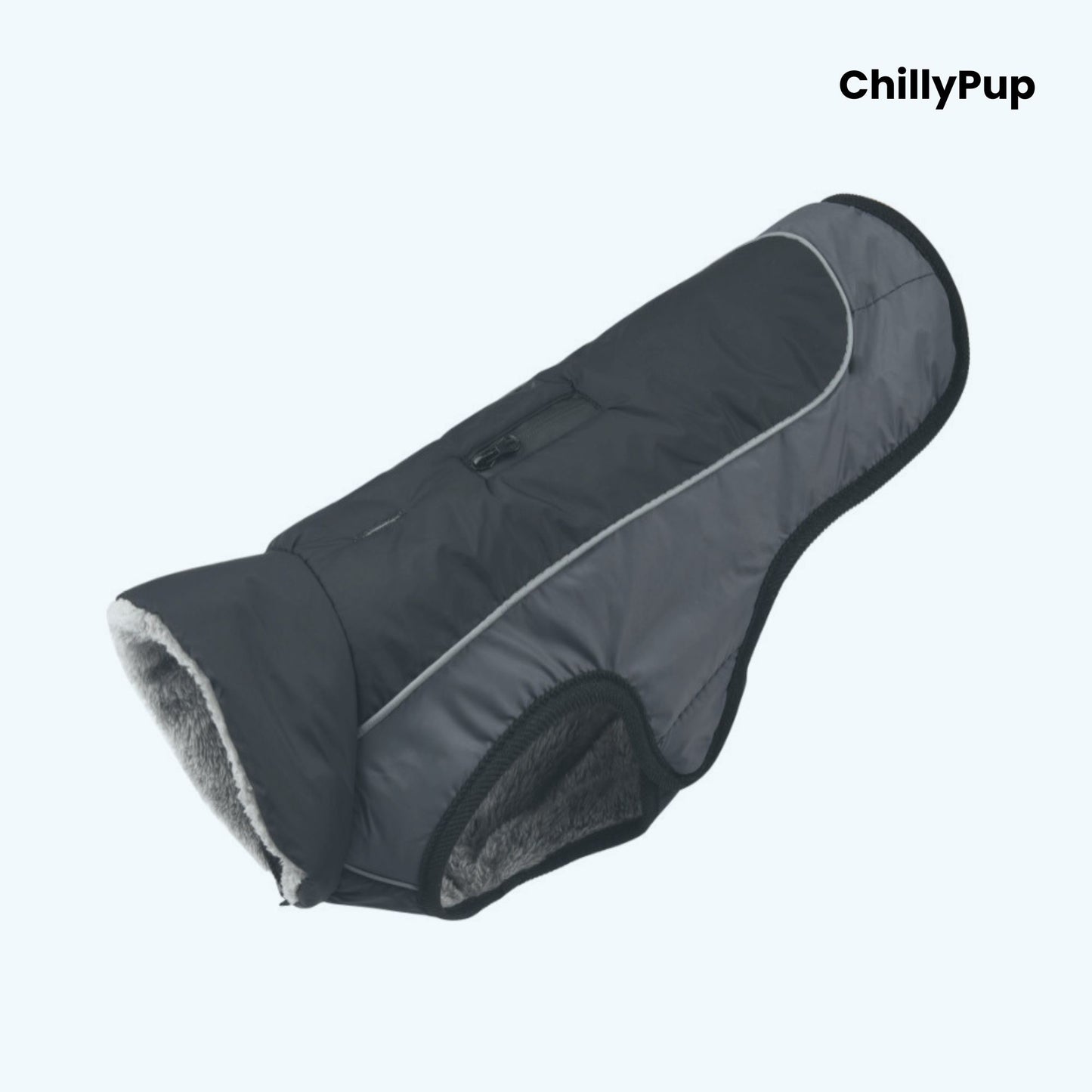 Dog coat with visible 'ChillyPup' branding on a white background