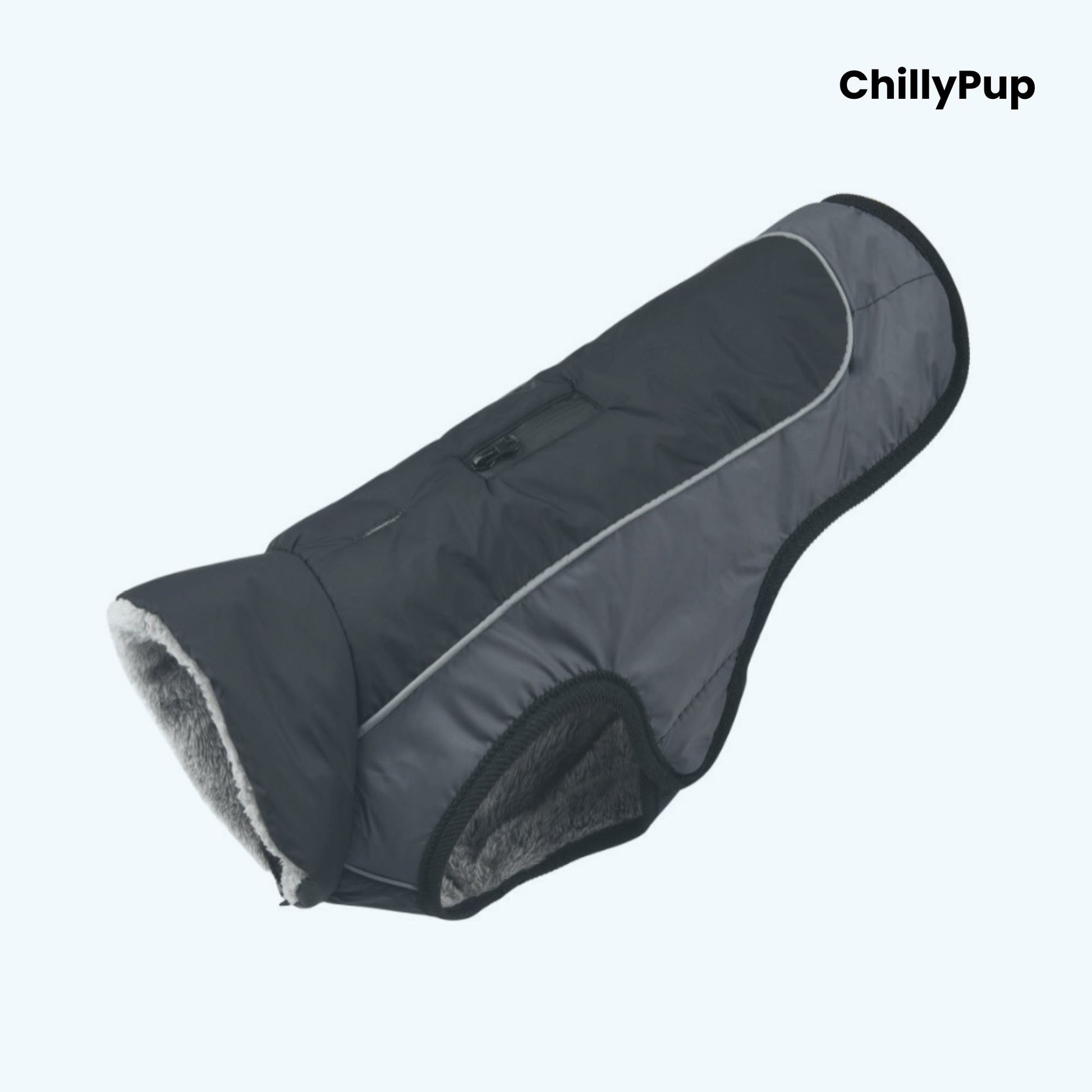 Dog coat with visible 'ChillyPup' branding on a white background