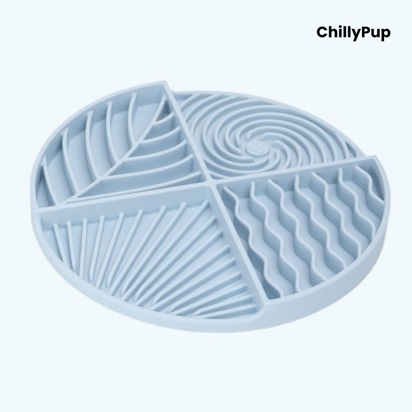 Blue silicone lick mat with textured design on a white background, branded 'ChillyPup'.