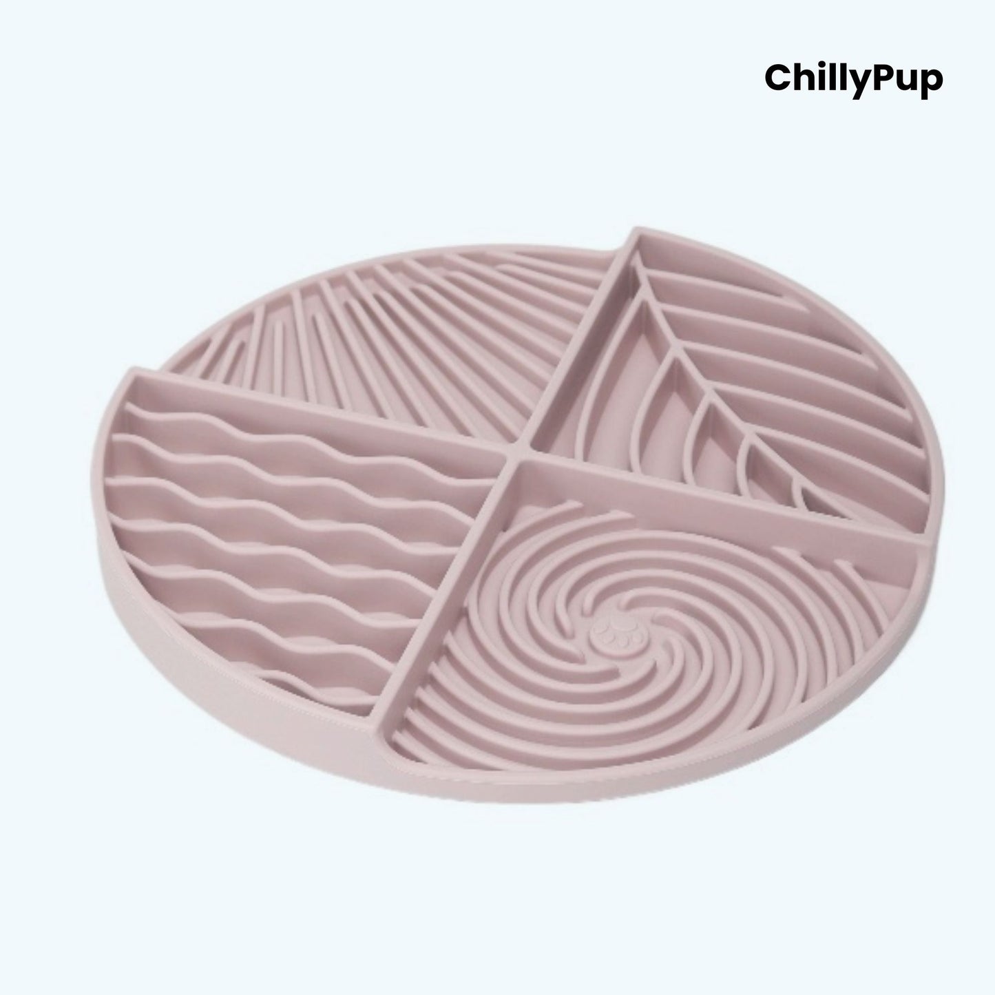 Pink silicone lick mat with textured design on a white background, branded 'ChillyPup'.