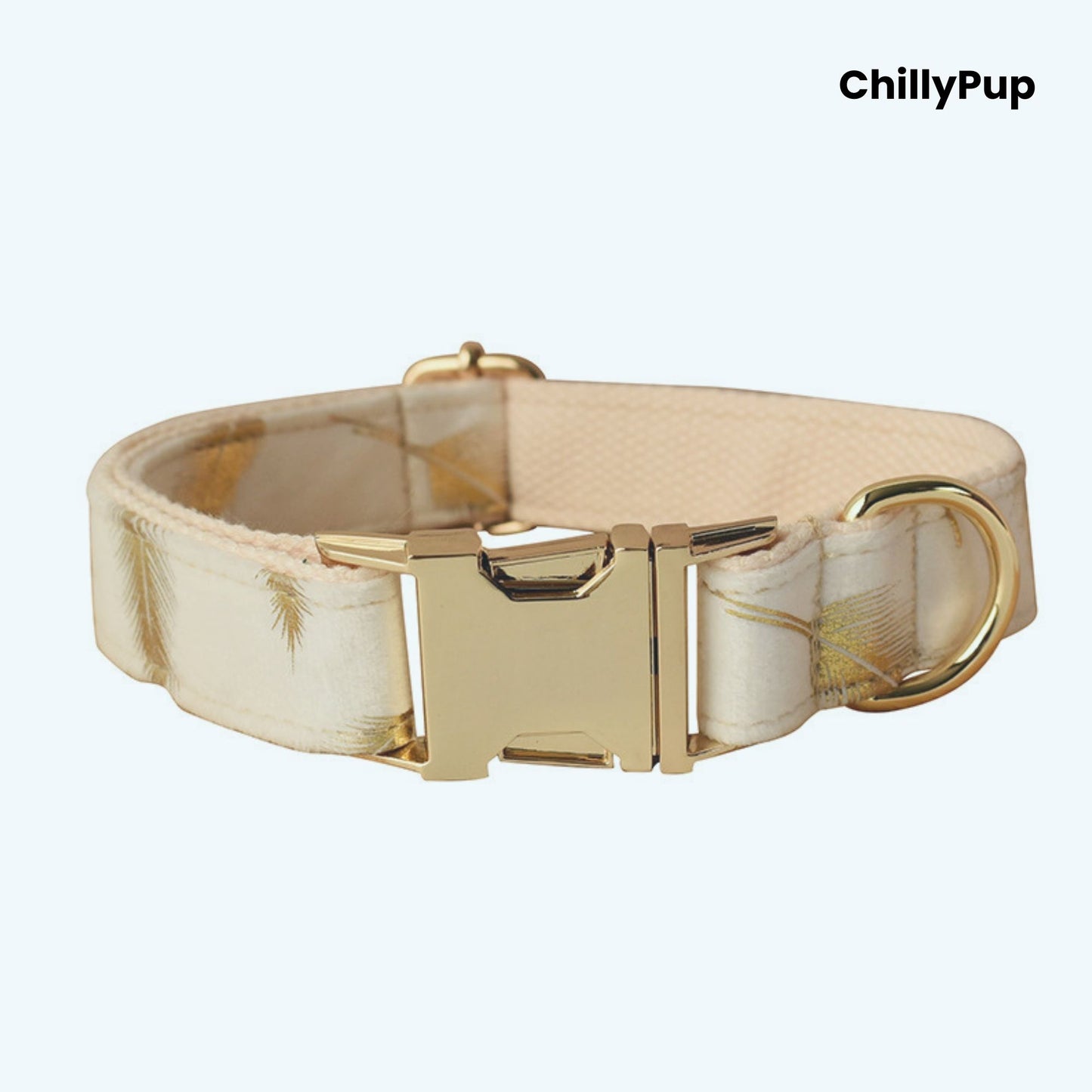 Dog collar with gold hardware on a white background, branded 'ChillyPup'.