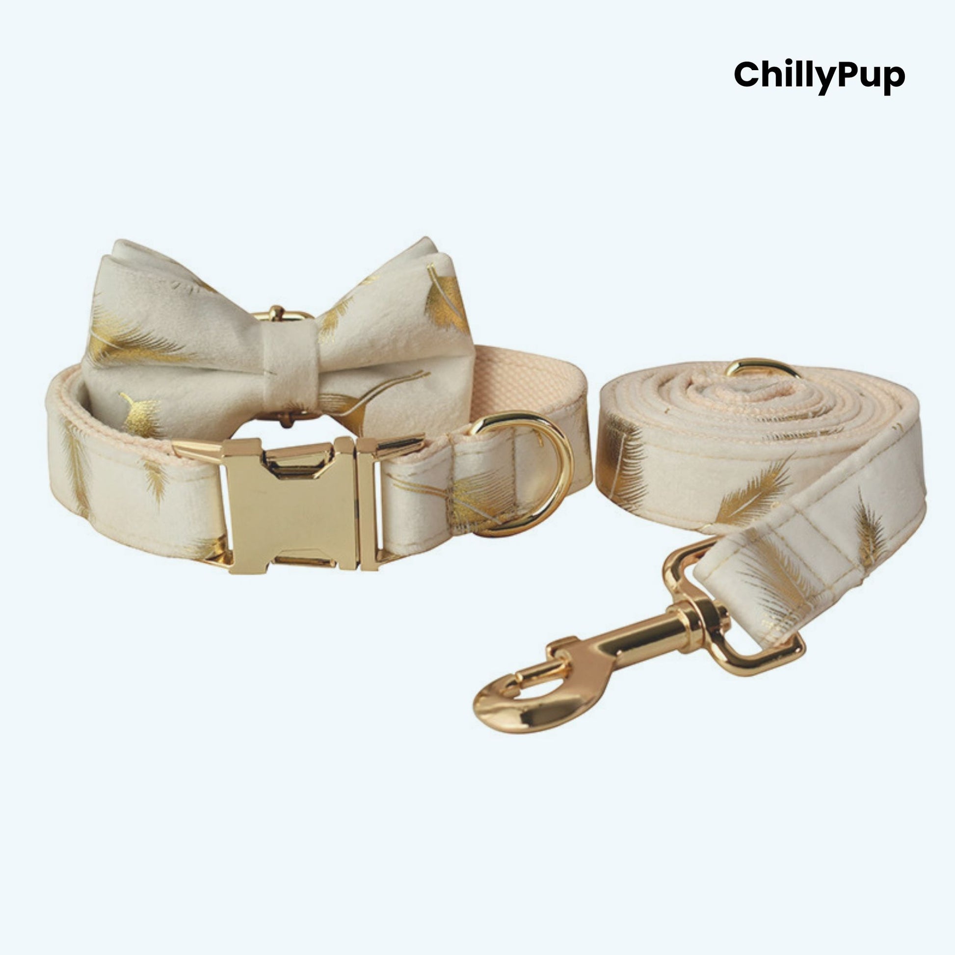 Dog collar and lead set with gold hardware on a white background, branded 'ChillyPup'.