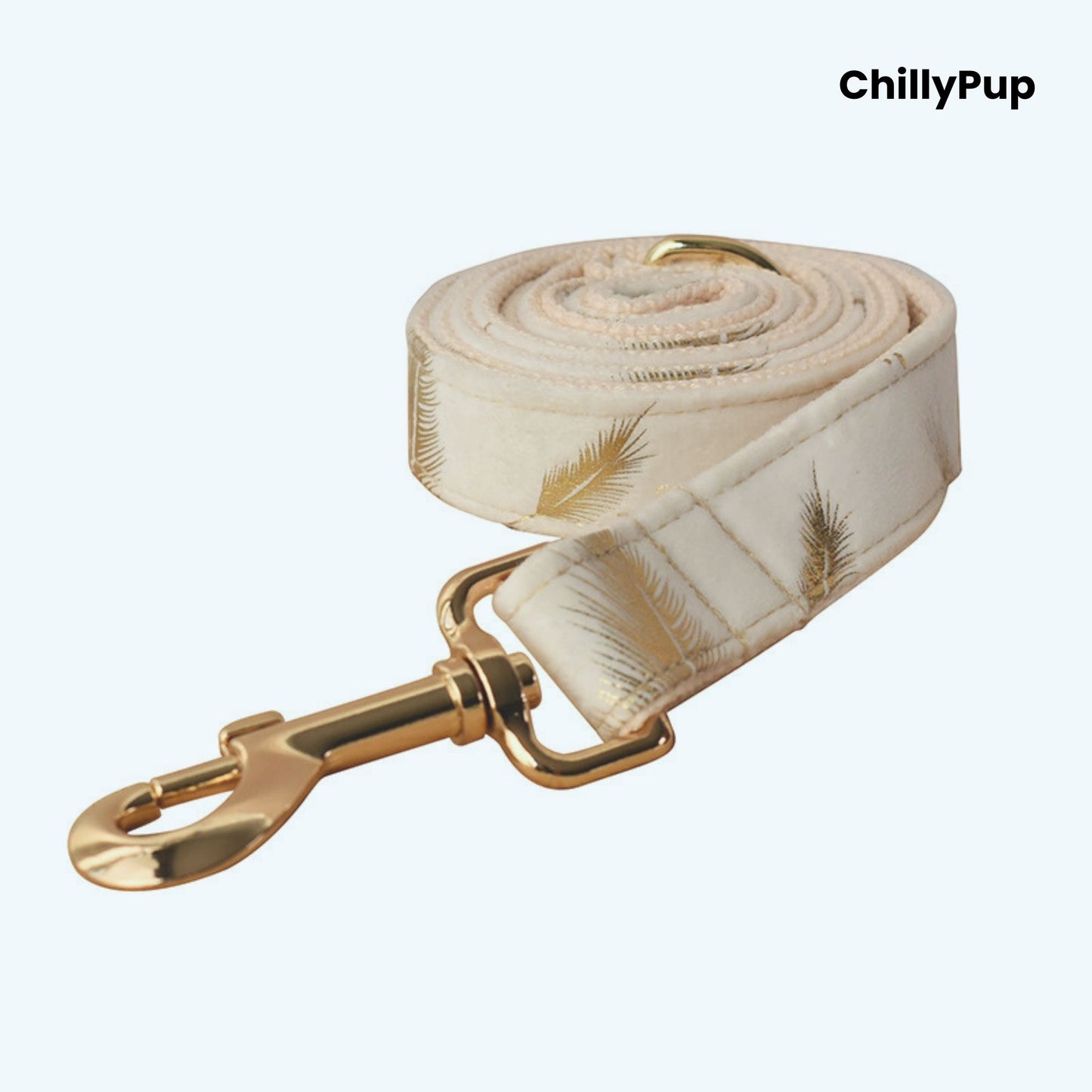 Dog  lead with gold hardware on a white background, branded 'ChillyPup'.