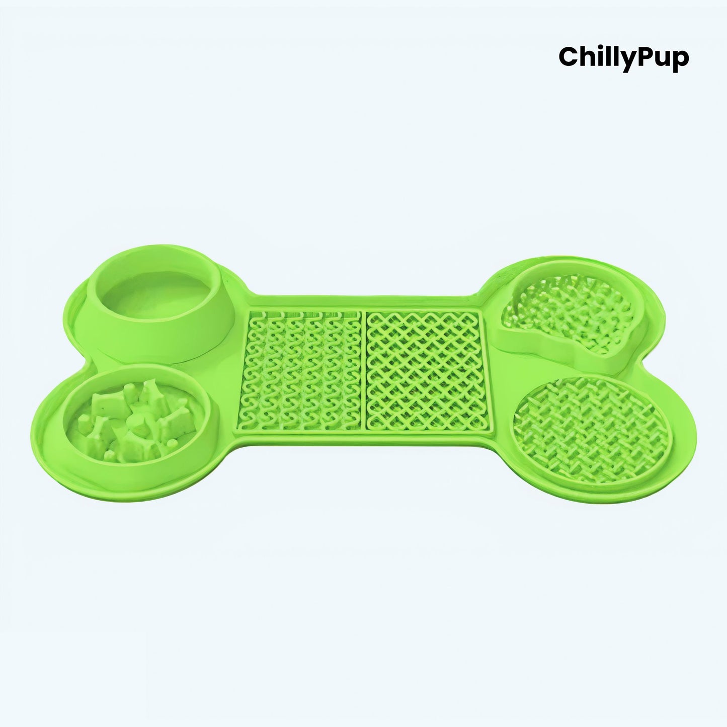 Green bone-shaped pet mat with multiple compartments on a white background, branded 'ChillyPup'.