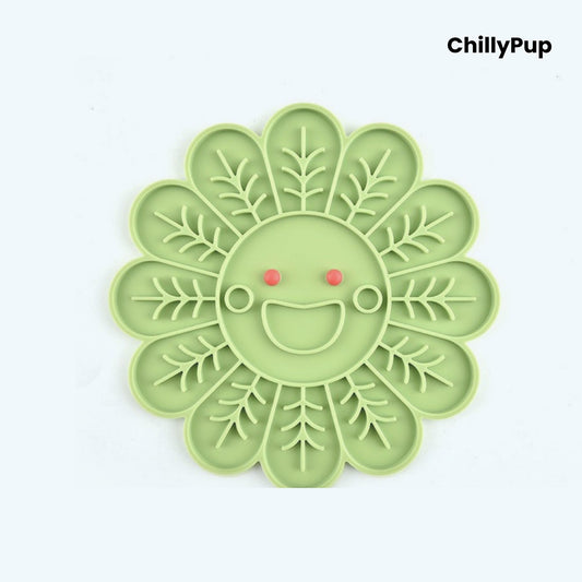 Green pet lick mat with a smiling face design on a white background, branded 'ChillyPup'.