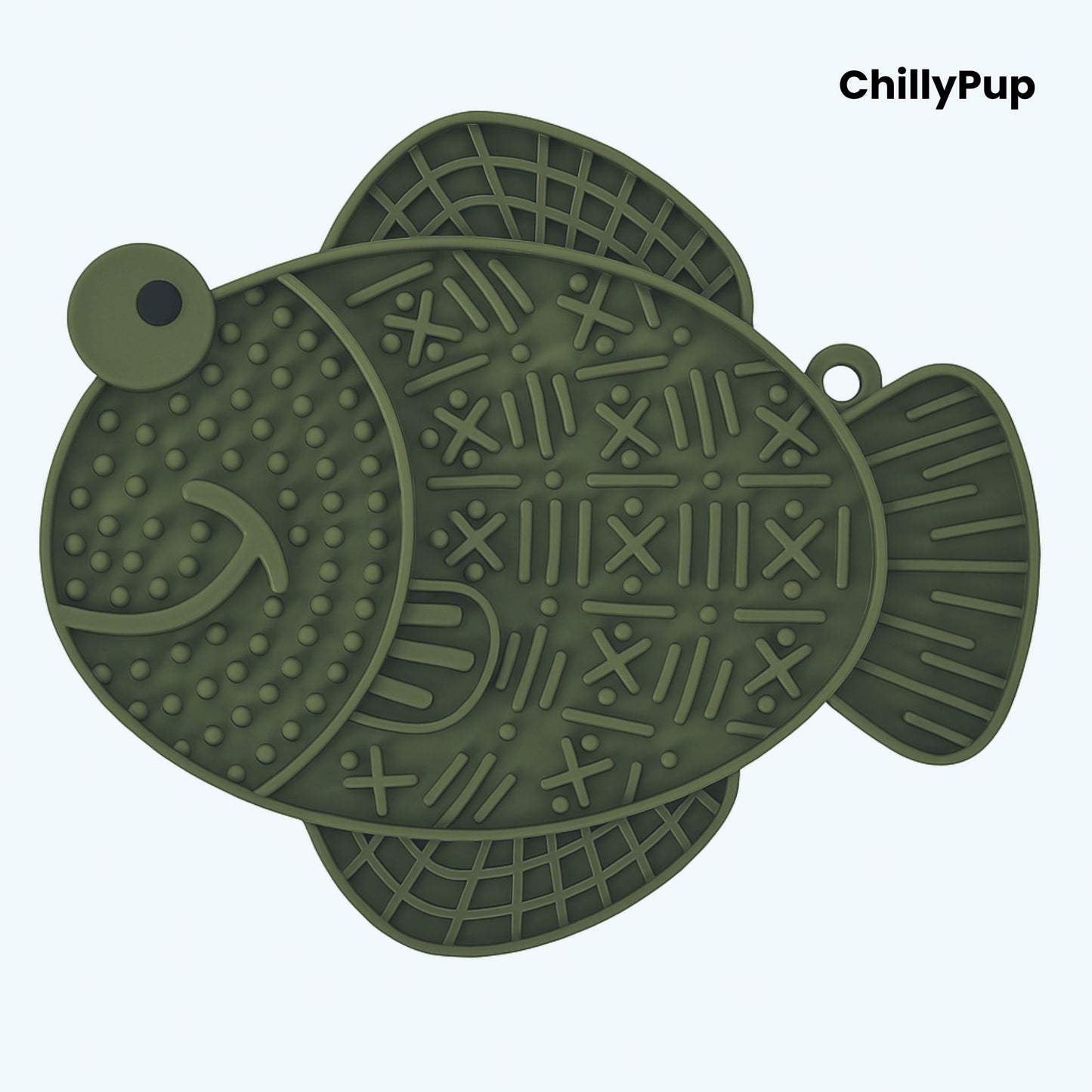 Green fish-shaped dog lick pad on a white background, branded 'ChillyPup'.