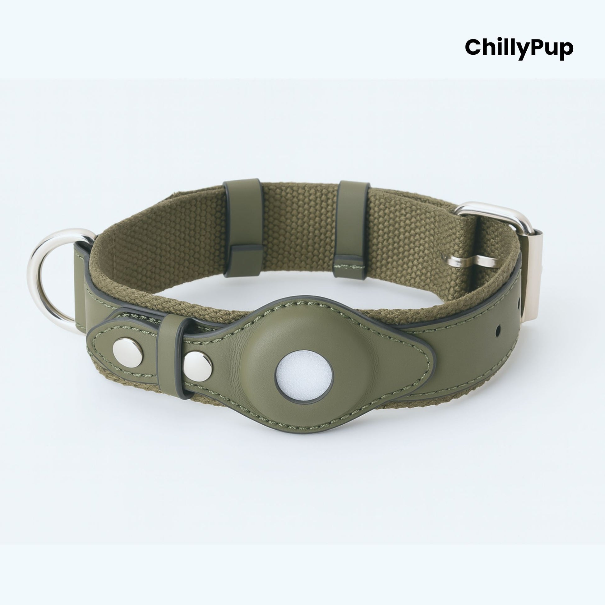 Green AirTag dog collar with a metallic clasp on a white background, branded 'ChillyPup'.