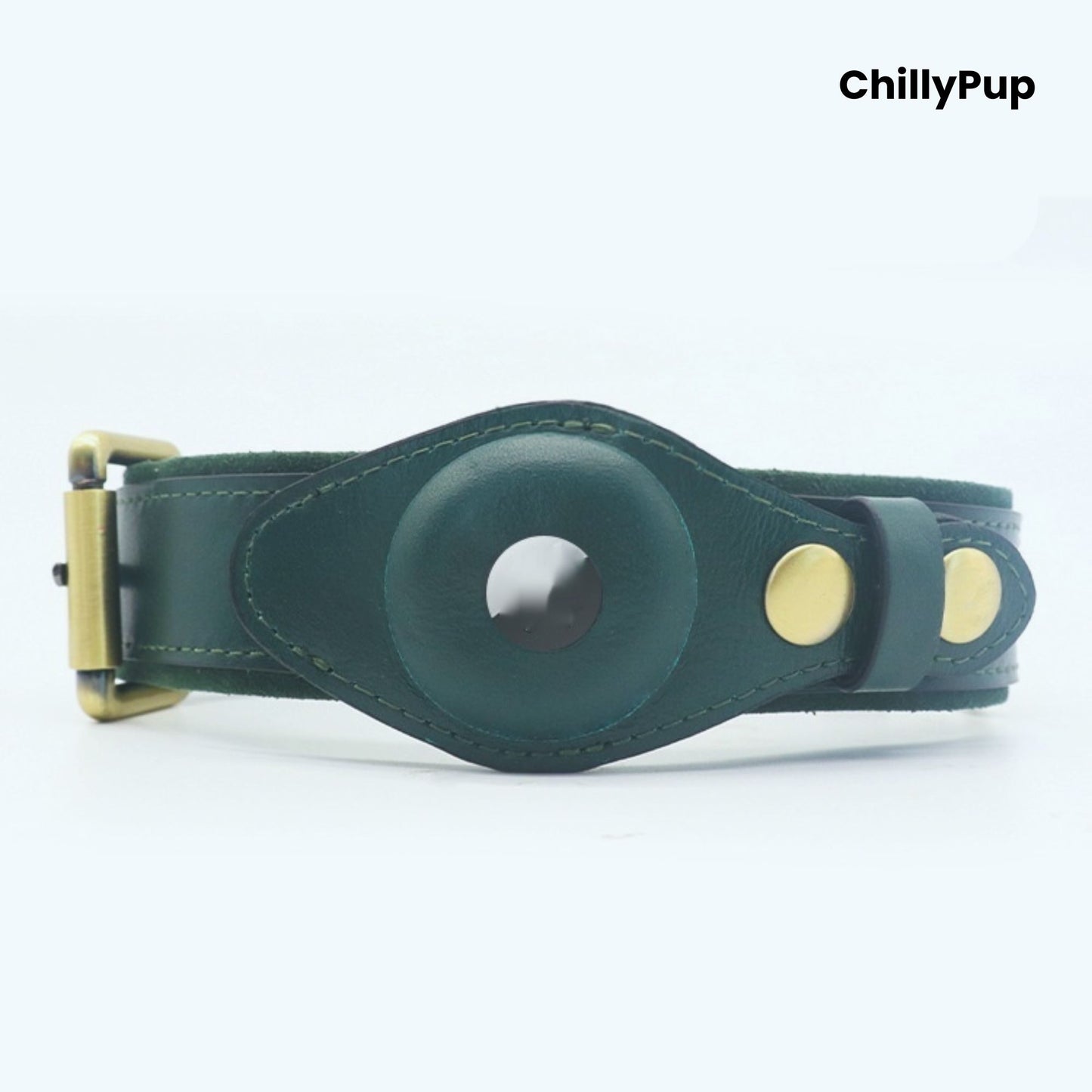 Green dog collar with gold hardware on a white background, branded 'ChillyPup'.
