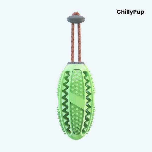 Green dog toy with textured surface and brown rope on a white background, branded 'ChillyPup'.