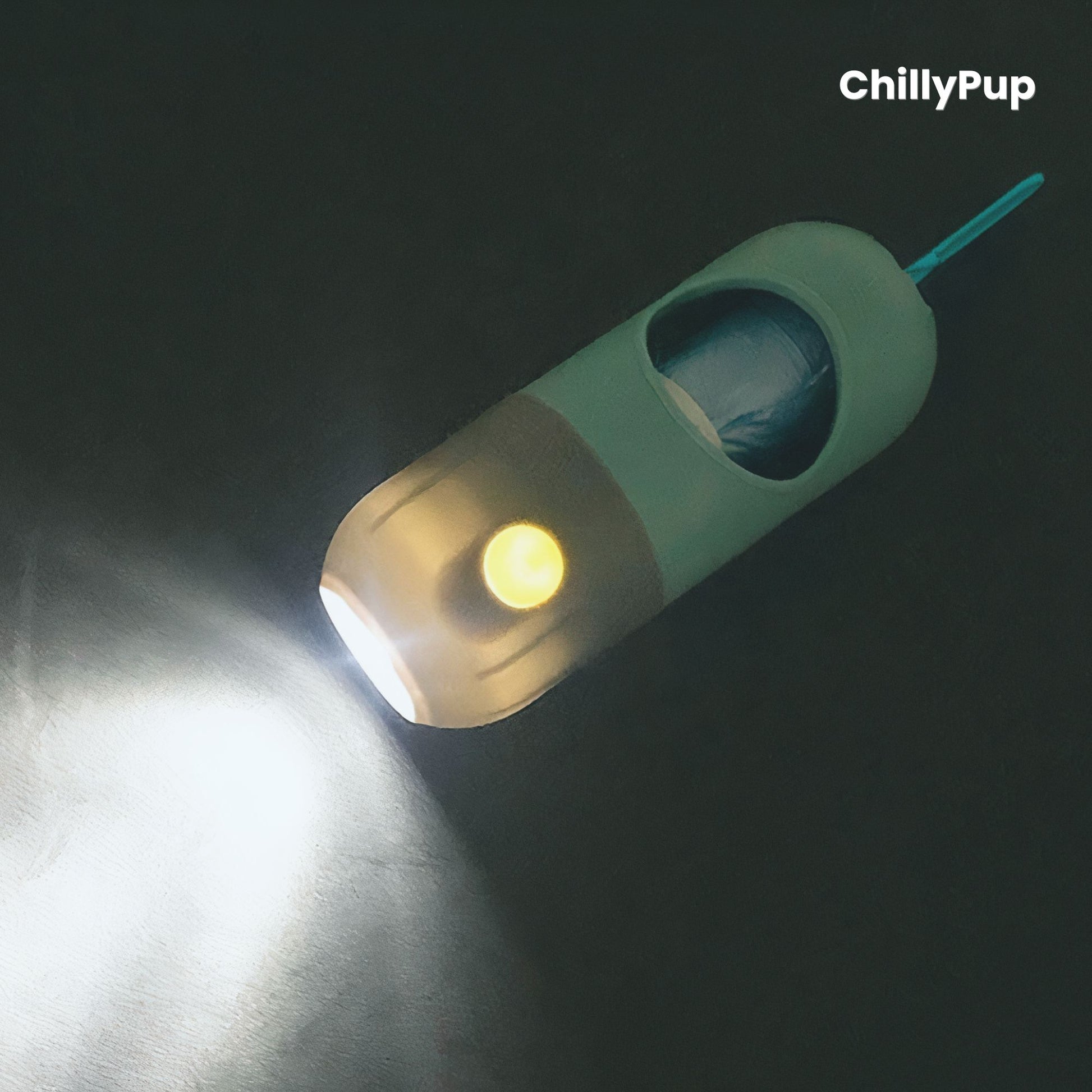 Green colour poo bag holder with built in LED shining with 'ChillyPup' branding on a black background.