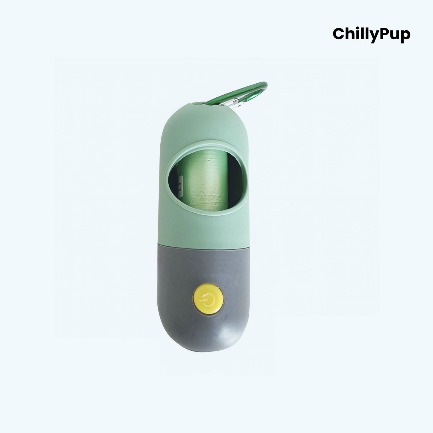 Green colour poo bag holder with built in LED with 'ChillyPup' branding on a white background.