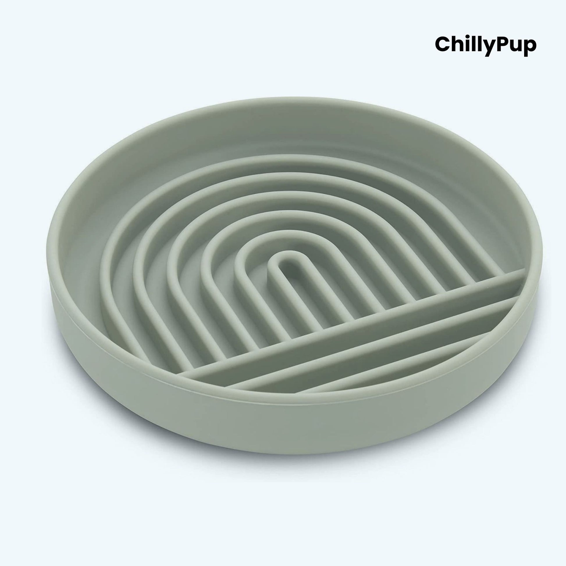 Green silicone bowl with wavy design on a white background, branded 'ChillyPup'.