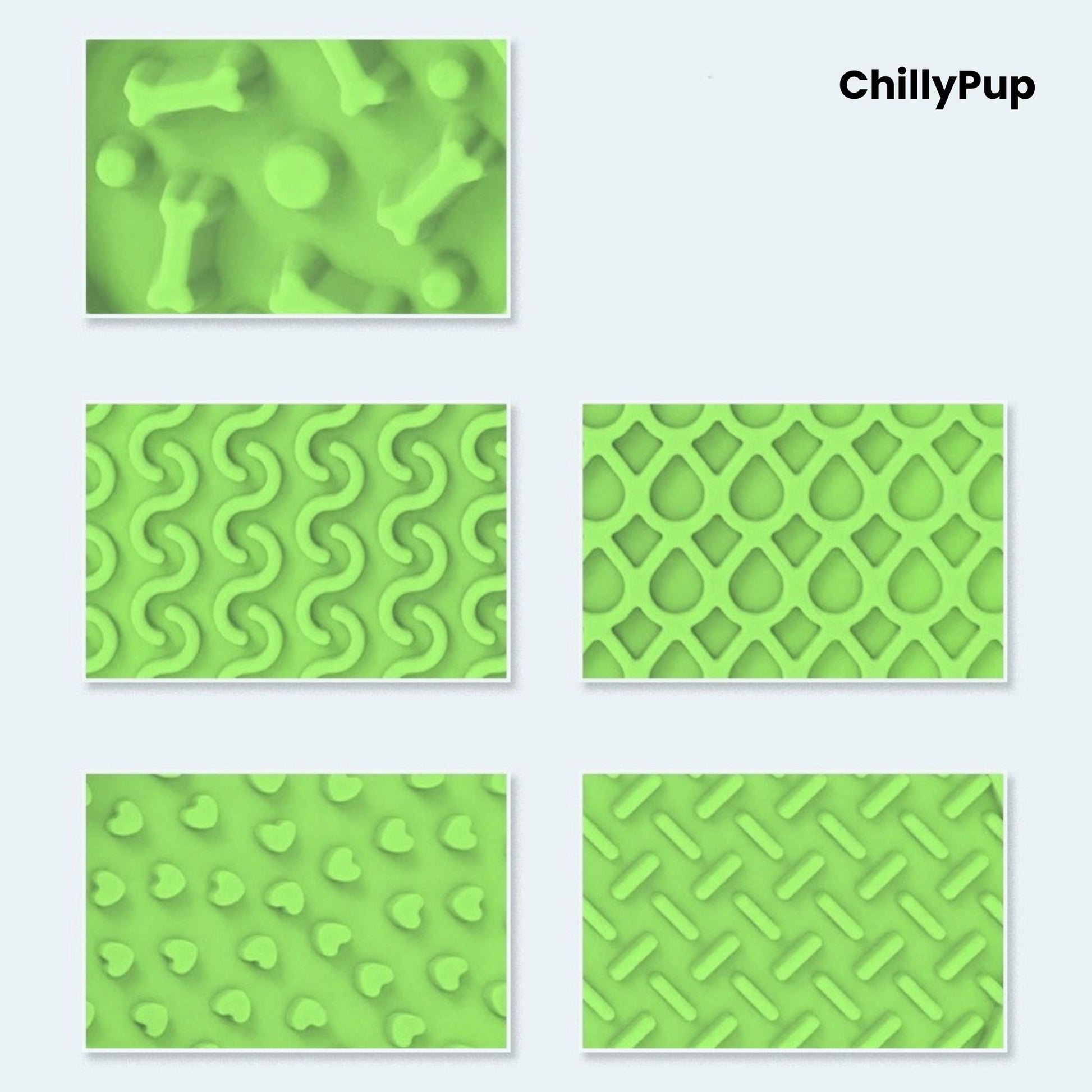Set of green silicone mats with various patterns on a light blue background, branded 'ChillyPup'