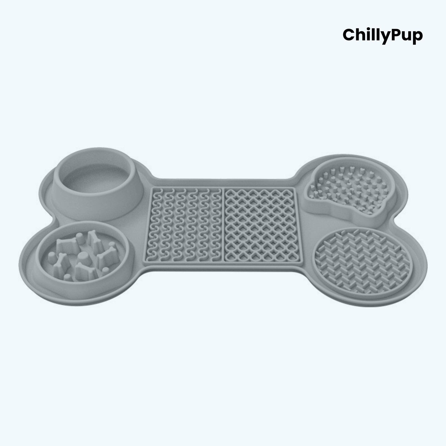 Grey bone-shaped pet mat with multiple compartments on a white background, branded 'ChillyPup'.