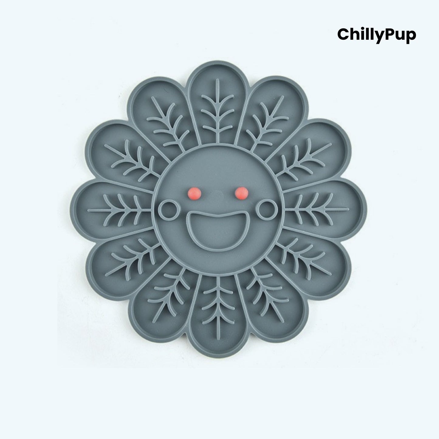 Grey pet lick mat with a smiling face design on a white background, branded 'ChillyPup'.