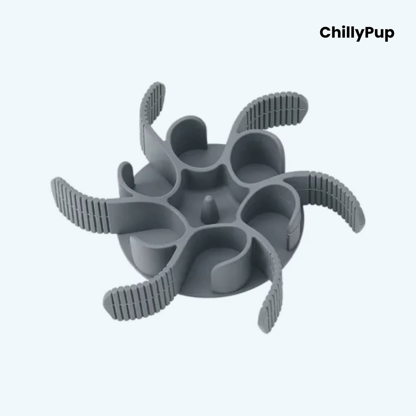 Grey silicone dog bowl slow feeder on a white background, branded 'ChillyPup'