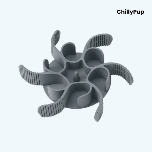 Grey silicone dog bowl slow feeder on a white background, branded 'ChillyPup'