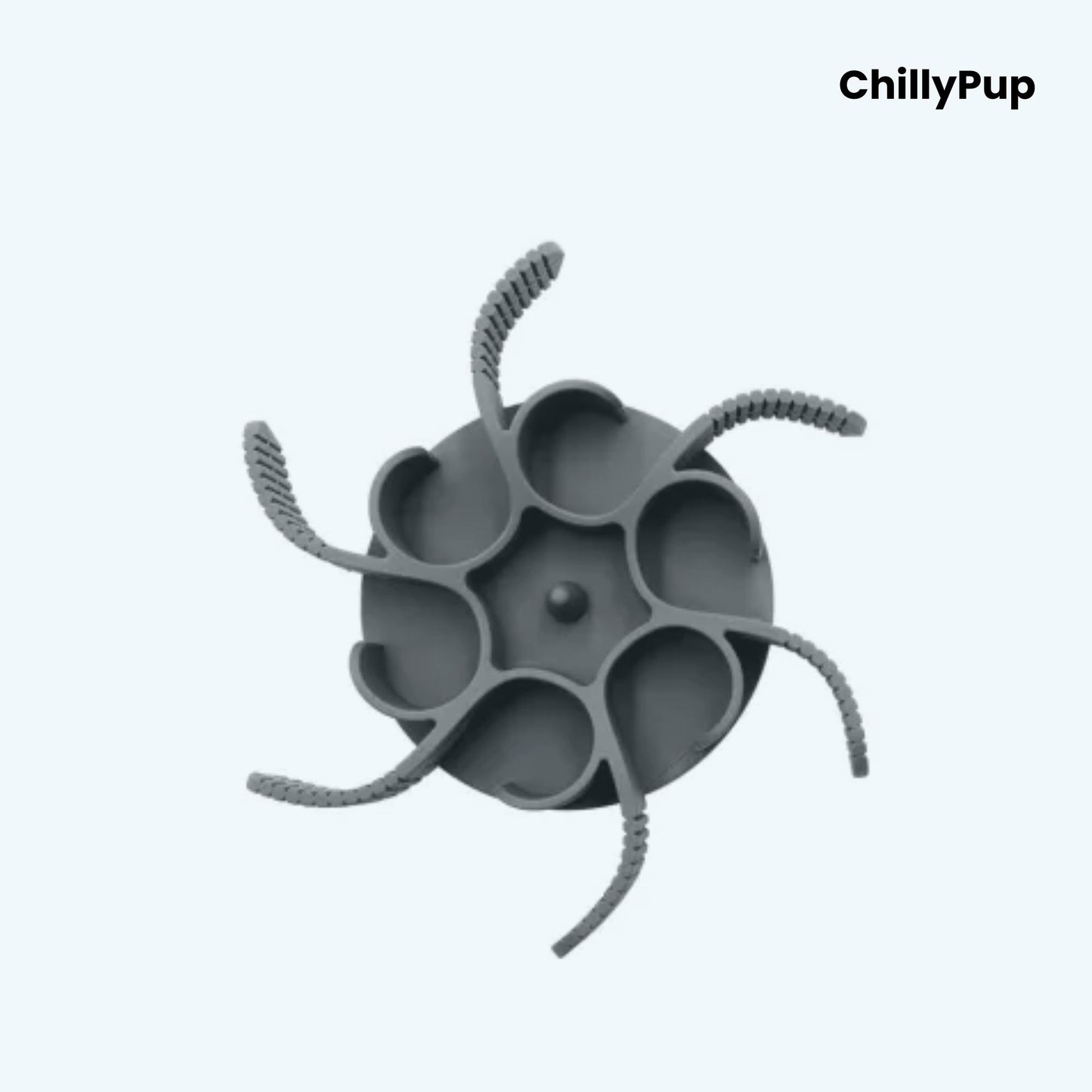 Grey silicone dog bowl slow feeder on a white background, branded 'ChillyPup'