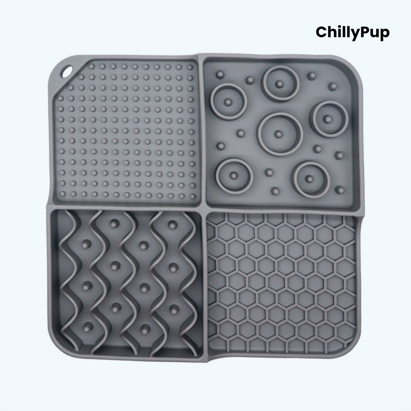 Grey silicone mat with various textured patterns on a white background, branded 'ChillyPup'.