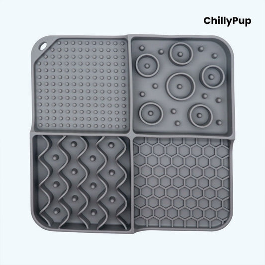 Grey silicone mat with various textured patterns on a white background, branded 'ChillyPup'.