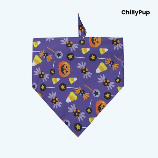 Halloween-themed bandana on a white background. Brand 'ChillyPup' visible.