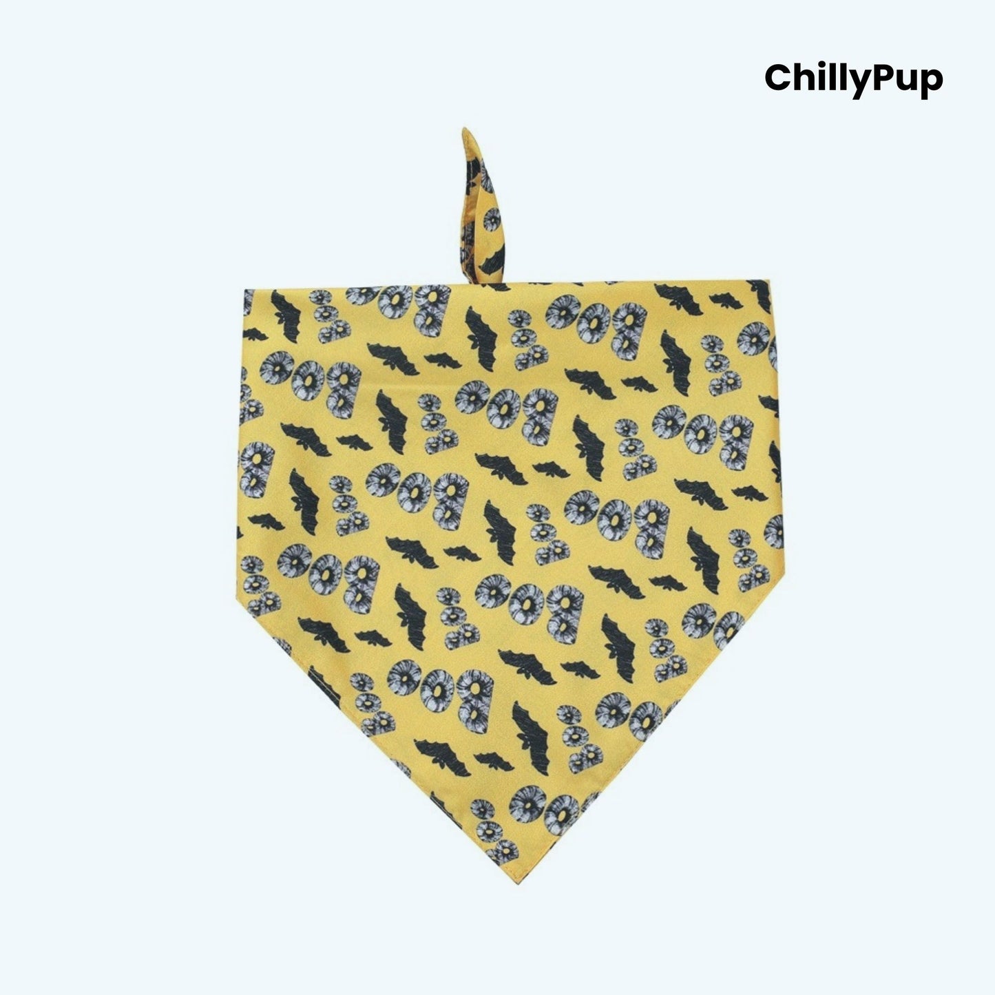 Halloween-themed bandana on a white background. Brand 'ChillyPup' visible.