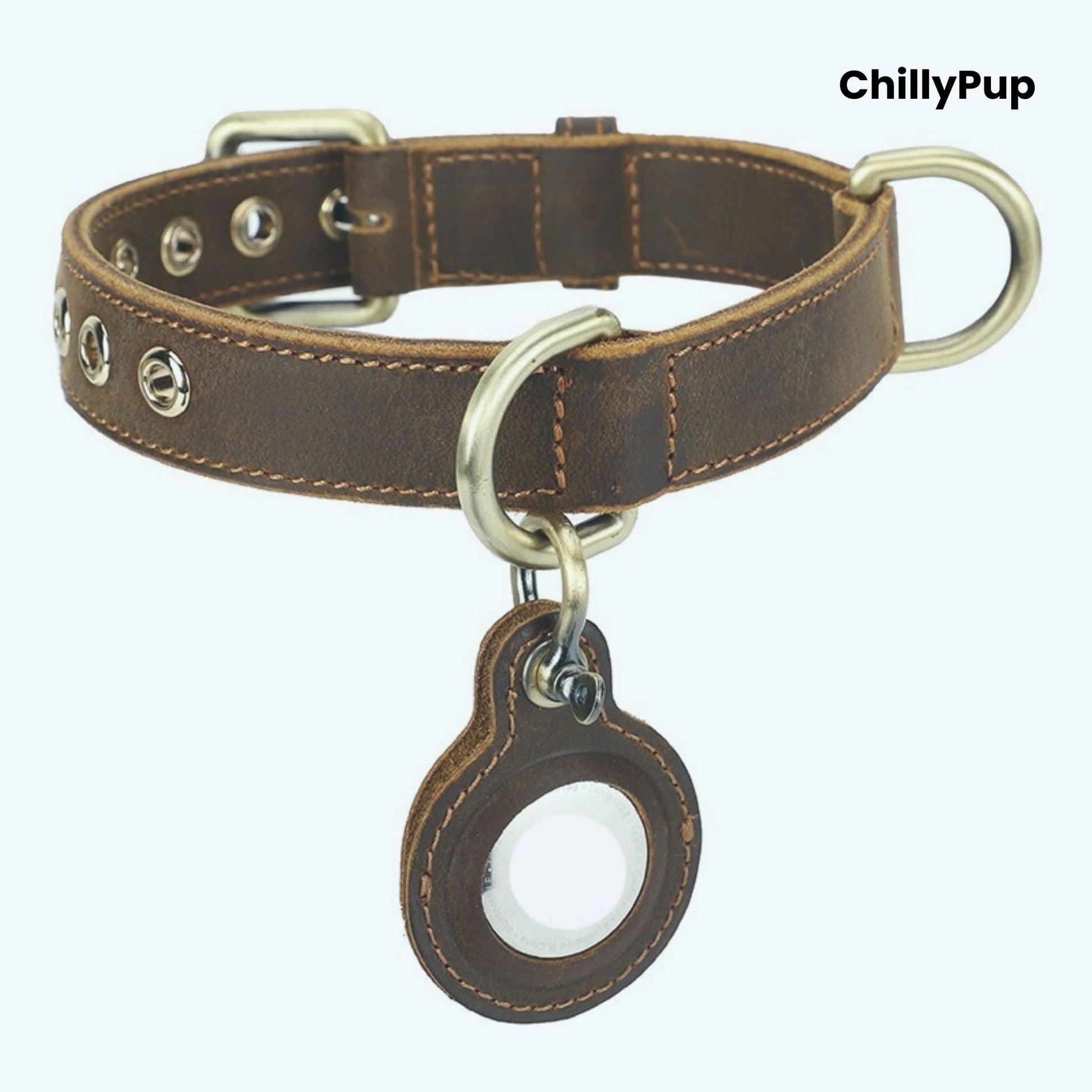 Brown leather dog collar with a tag on a white background, branded 'ChillyPup'.