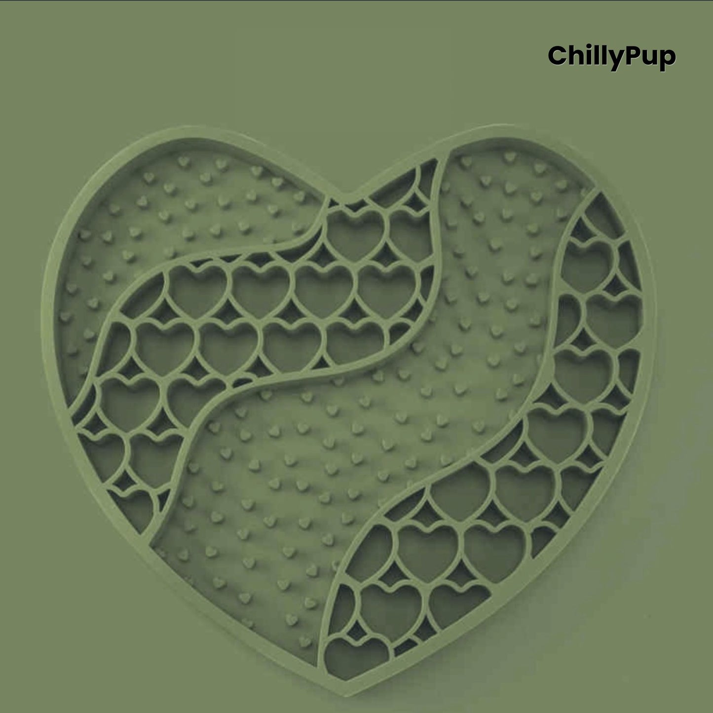 Heart-shaped purple dog lick mat with textured surface on a light gray background, branded 'ChillyPup'.