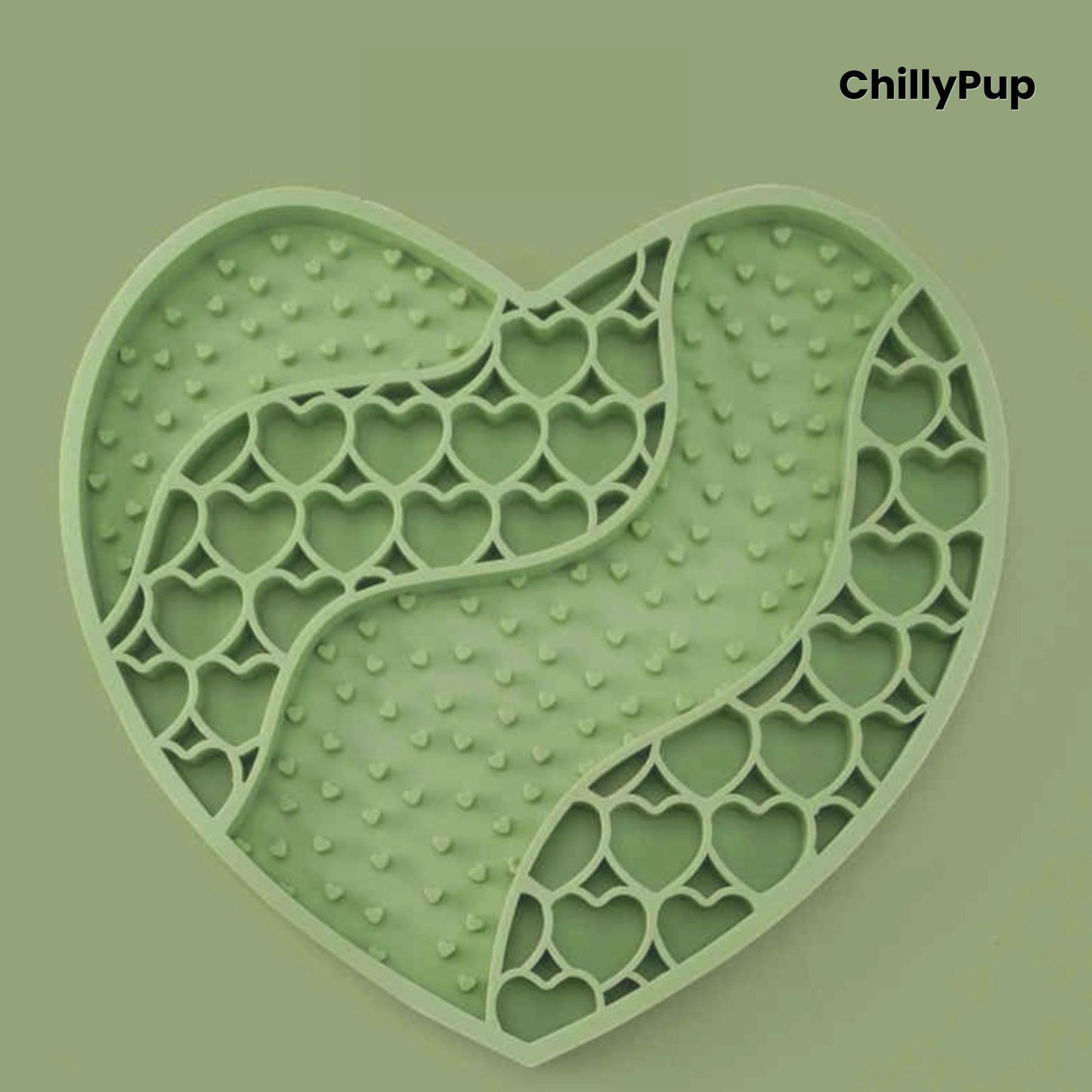 Heart-shaped purple dog lick mat with textured surface on a light gray background, branded 'ChillyPup'.