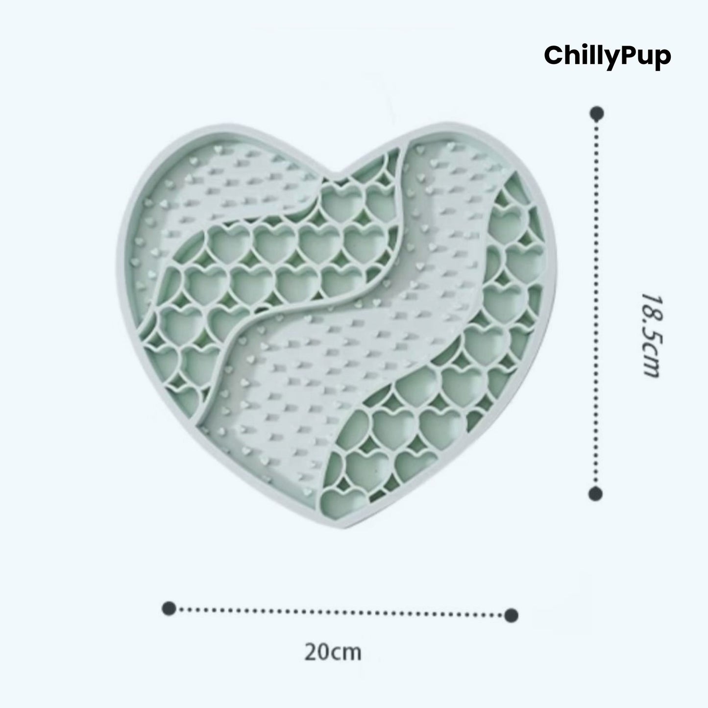 Heart-shaped purple dog lick mat with textured surface on a light gray background, branded 'ChillyPup'.