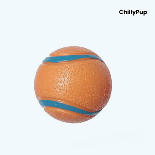 Orange ball with blue band and 'ChillyPup' branding, 