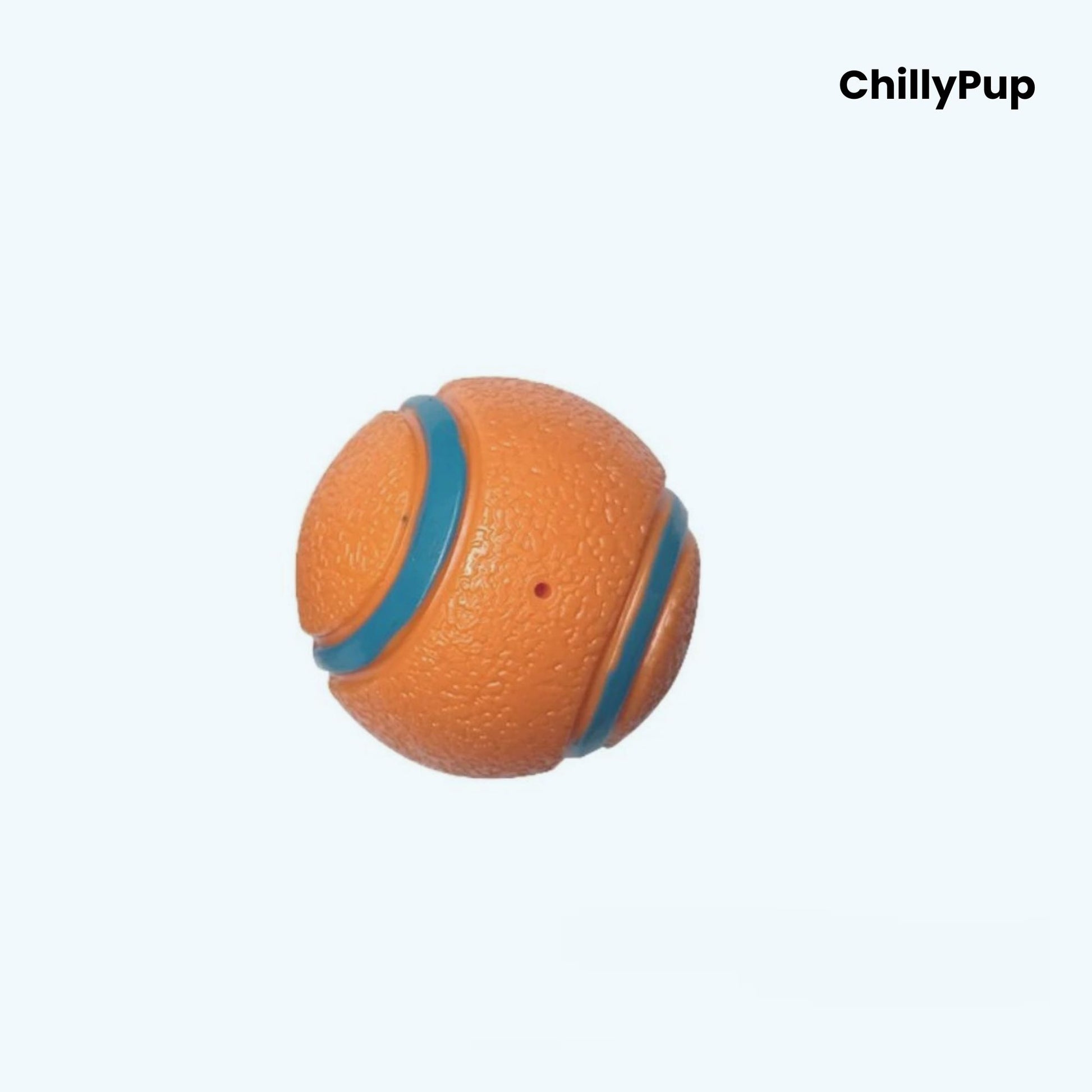 Orange ball with blue band and 'ChillyPup' branding,