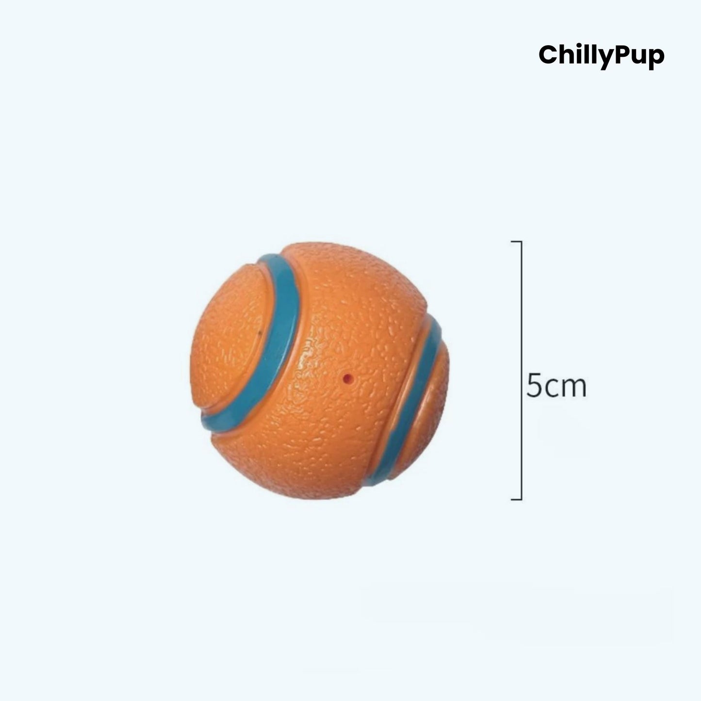 Orange ball with blue band and 'ChillyPup' branding, shown with a measurement of 6cm on a white background.