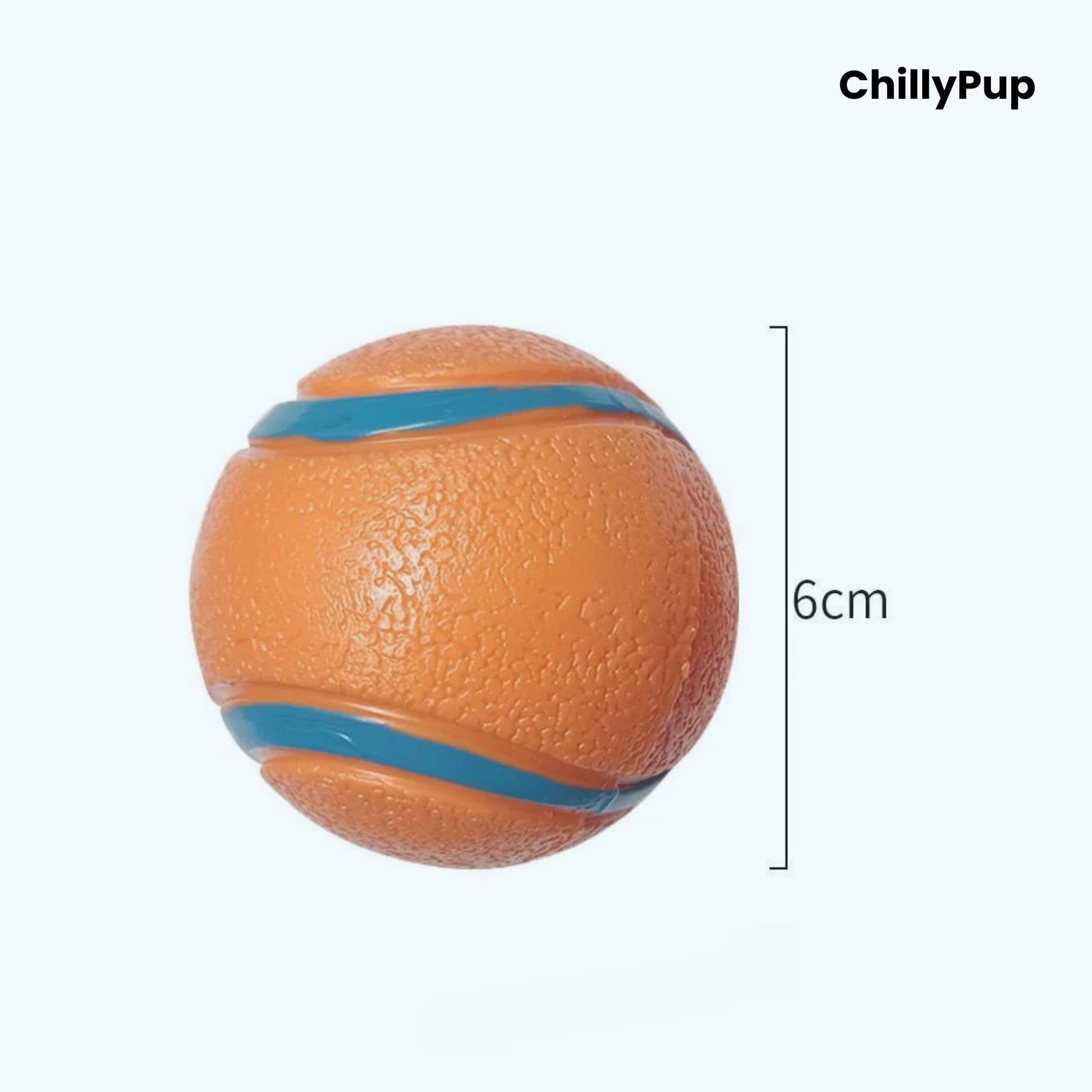 Orange ball with blue band and 'ChillyPup' branding, shown with a measurement of 6cm on a white background.