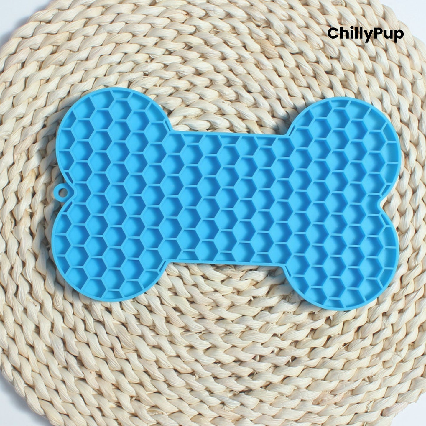 Bone shaped lick mat with ChillyPup branding. 