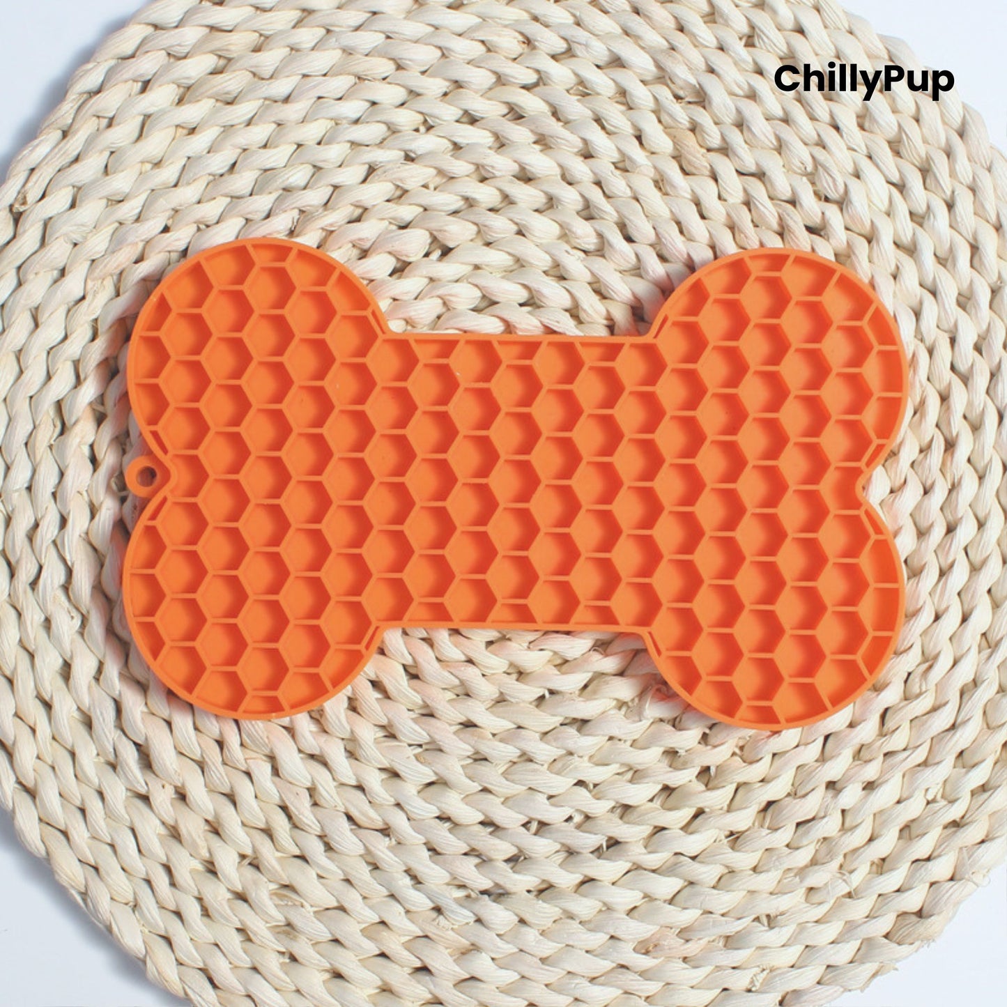 Bone shaped lick mat with ChillyPup branding. 