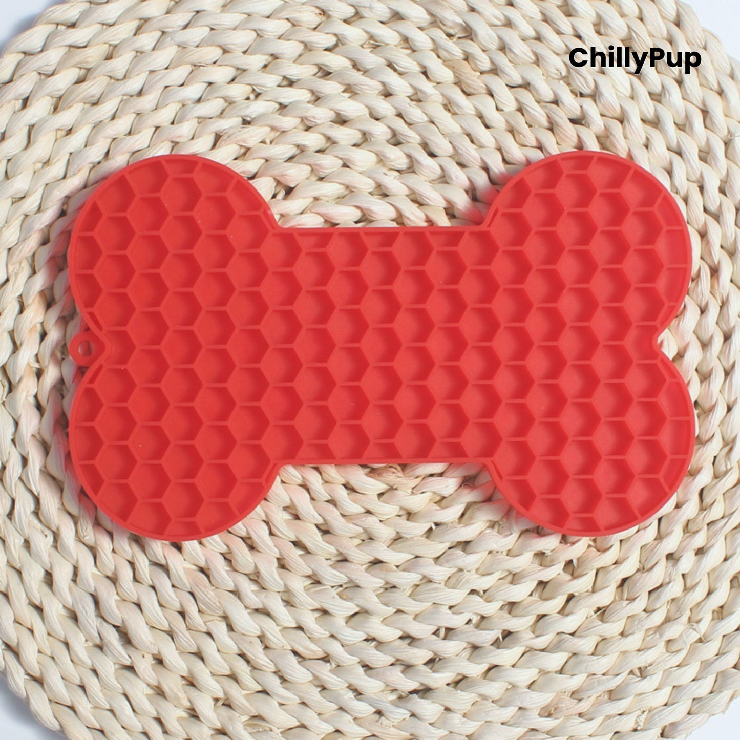 Bone shaped lick mat with ChillyPup branding. 