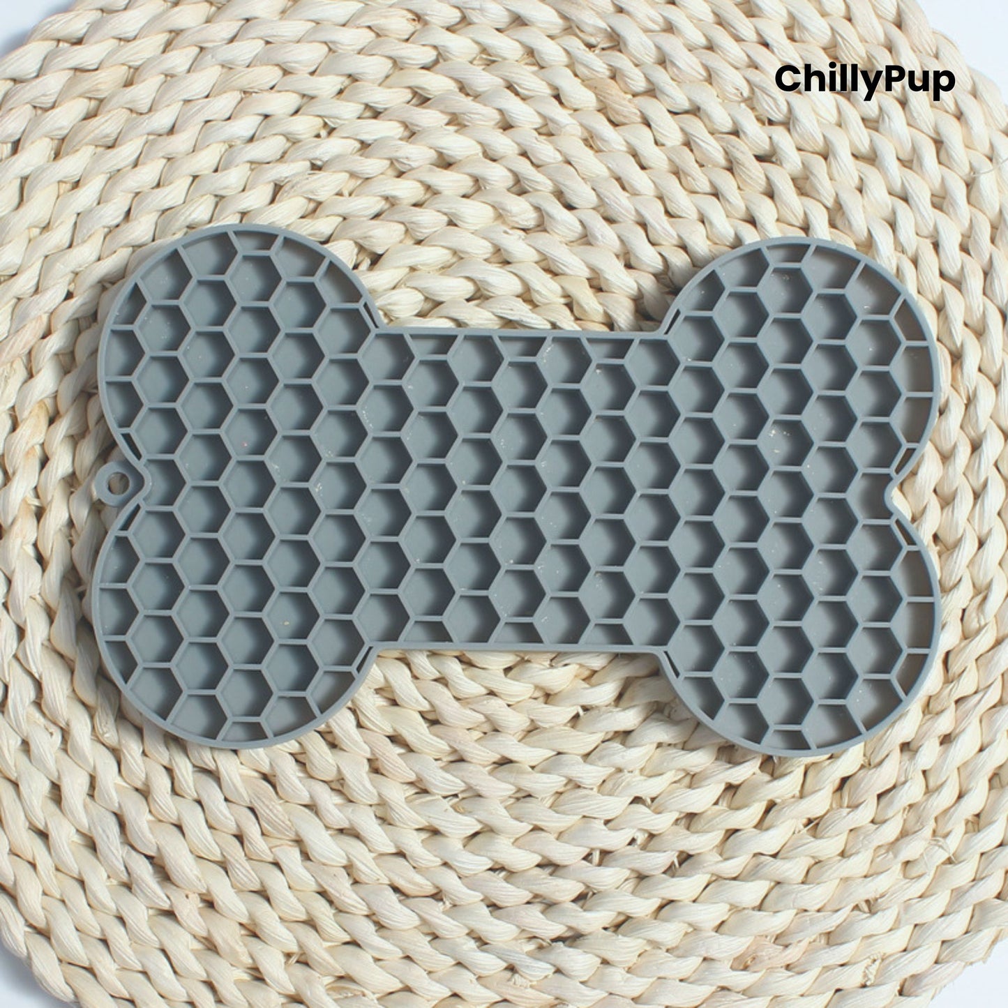 Bone shaped lick mat with ChillyPup branding. 