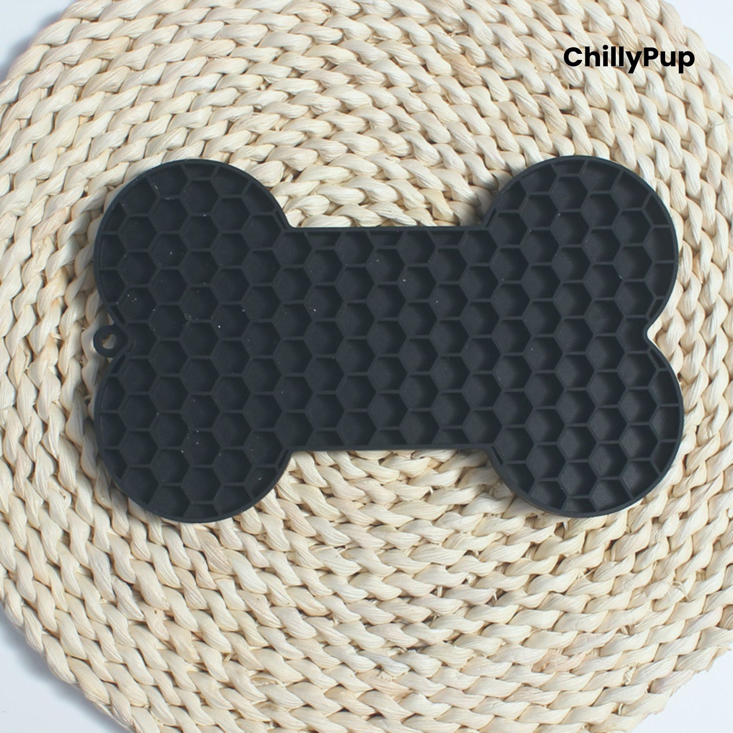 Bone shaped lick mat with ChillyPup branding. 