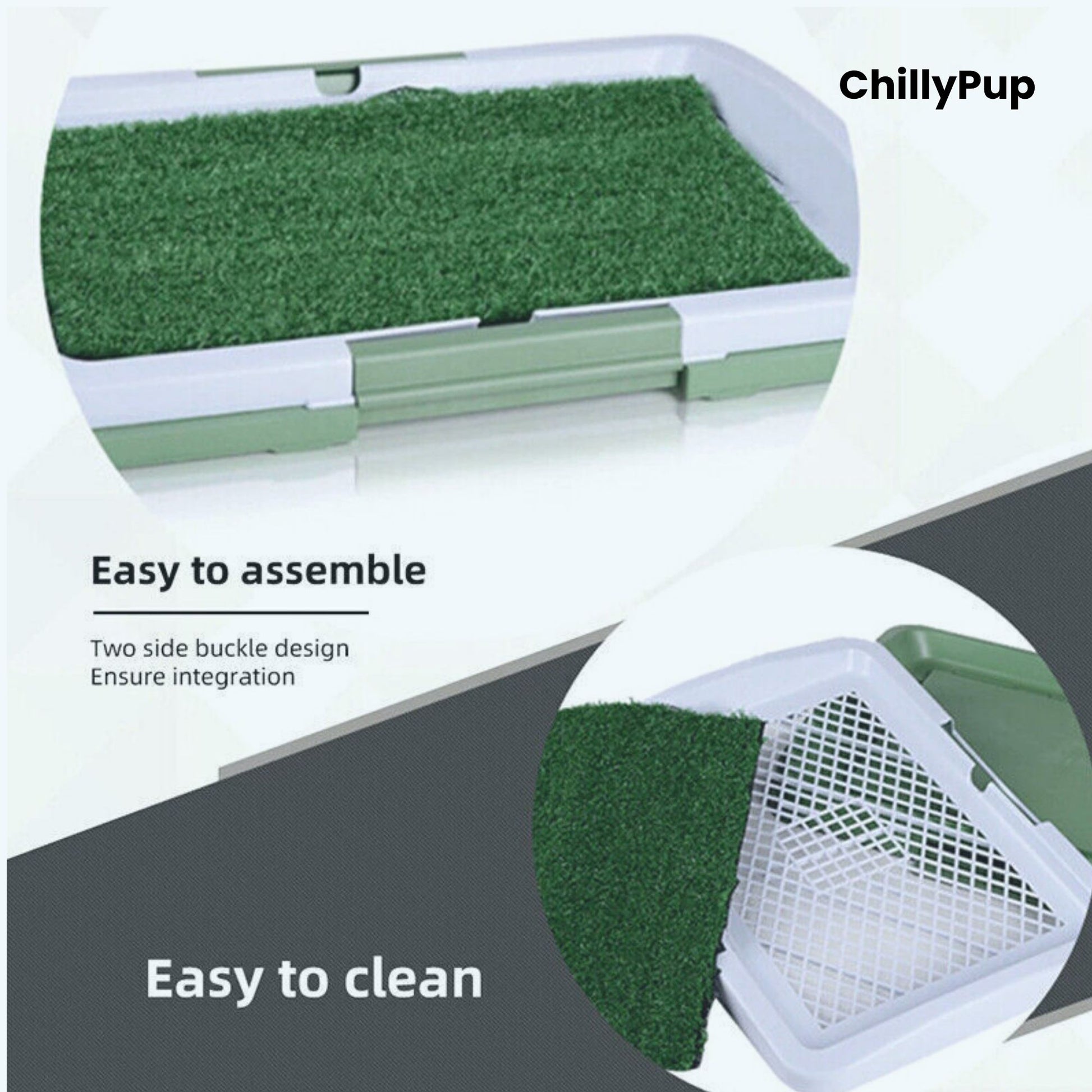 Pet potty training pad with green grass texture and white base, featuring 'ChillyPup' branding.