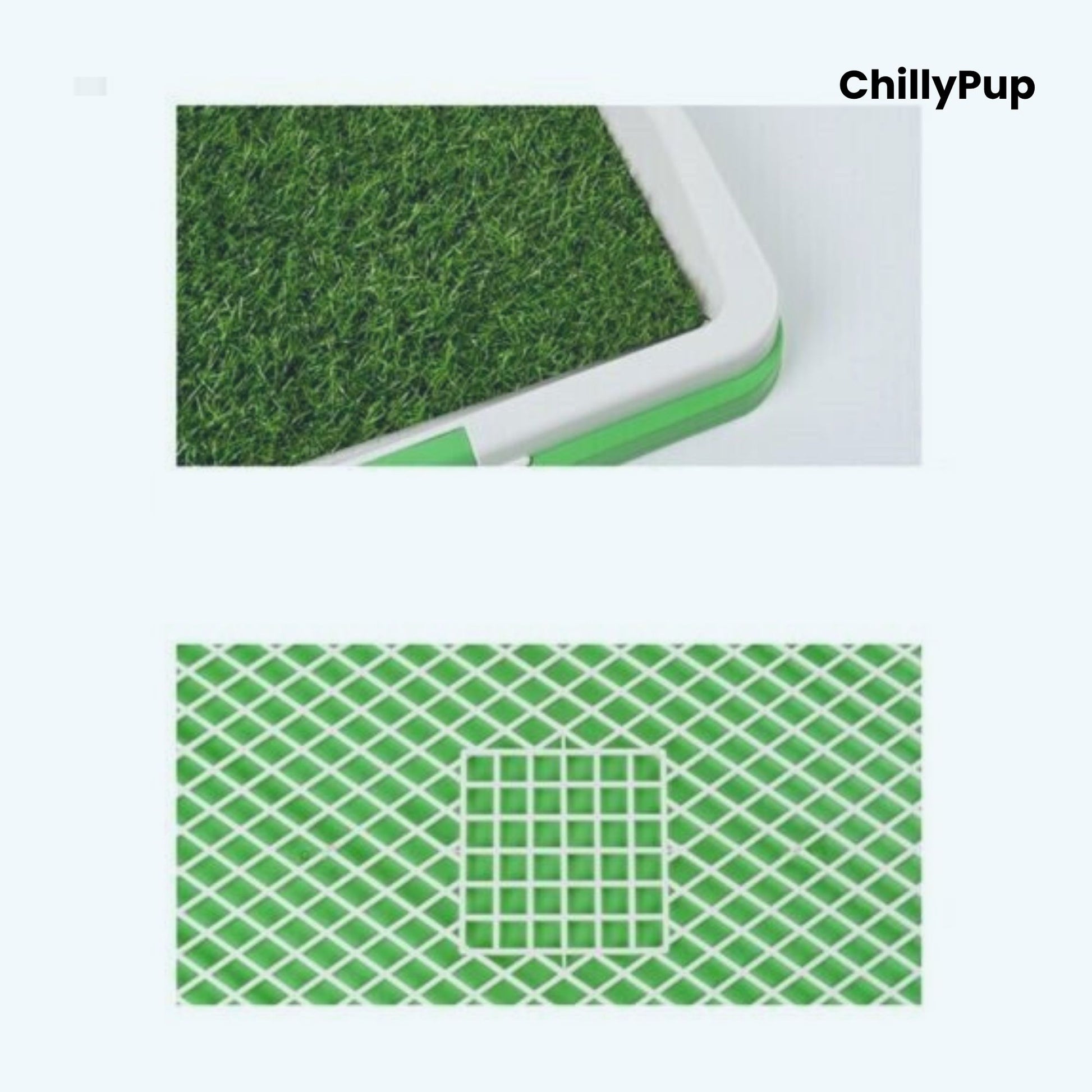 Green textured mat with a grid pattern on a white background, featuring the brand 'ChillyPup'.